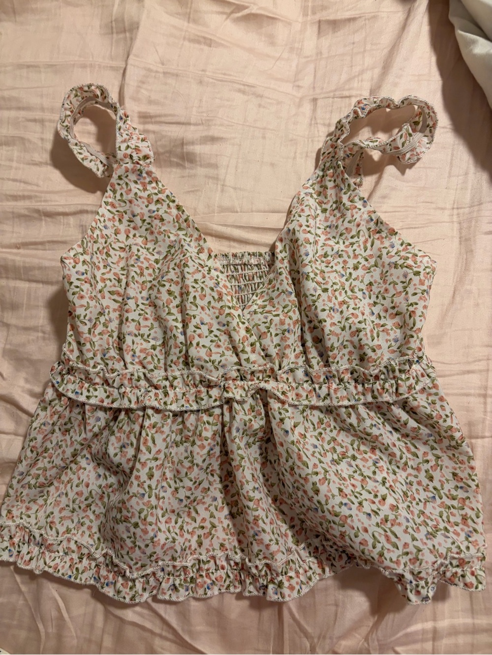SHEIN White Floral Ruffle Tank Top with Pink & Green Print